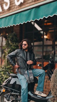 Stylish man in leather jacket sitting on a scooter outside a vintage cafe.