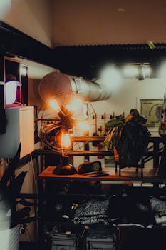 A cozy vintage interior featuring a warm glowing industrial fan and a potted plant.