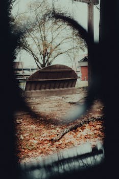 Moody view of a park bench and autumn leaves seen through a metal fence.