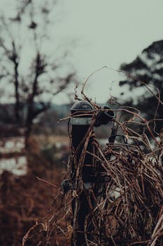 A weathered gate enveloped by vines creates a moody, rustic scene.