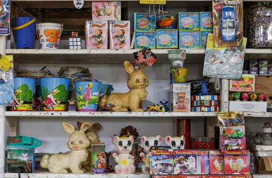 Colorful vintage toys and games on a shop shelf, evoking nostalgia and a retro vibe.