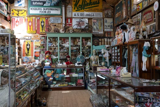 Explore a nostalgic vintage shop filled with retro signs, old toys, and collectibles. A glimpse into the past.