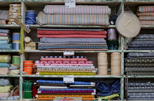 Organized shelves with various colorful fabrics, threads, and prices in a textile shop.
