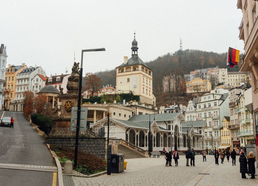 A picturesque view of historical architecture in Karlovy Vary, Czech Republic.