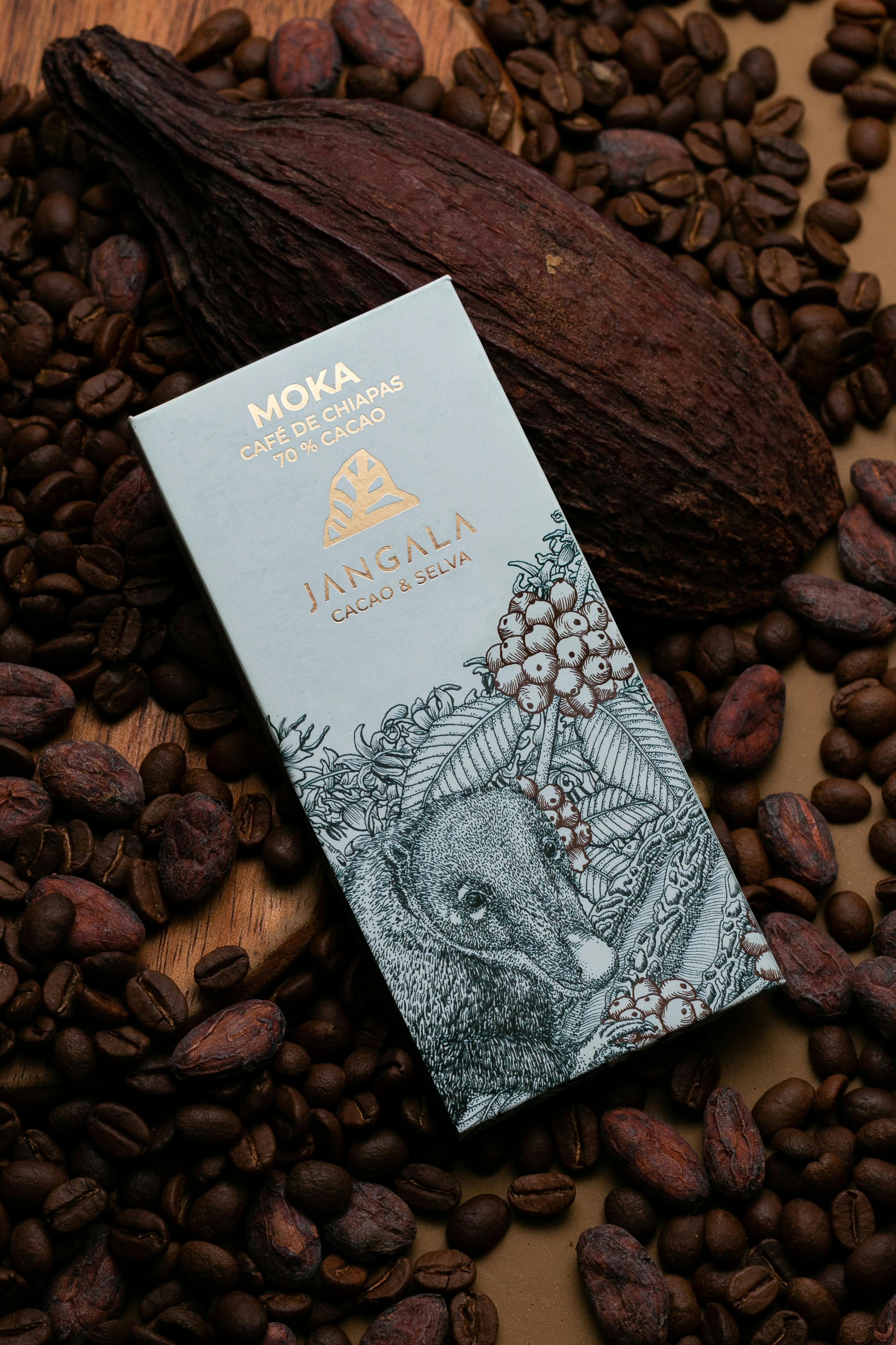 Artisanal chocolate bar from Chiapas, Mexico, surrounded by cocoa beans, featuring elegant packaging design.