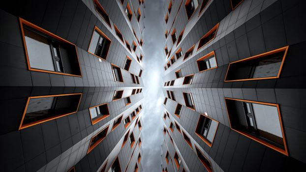 Upward view of modern architecture with orange accents and symmetrical windows.
