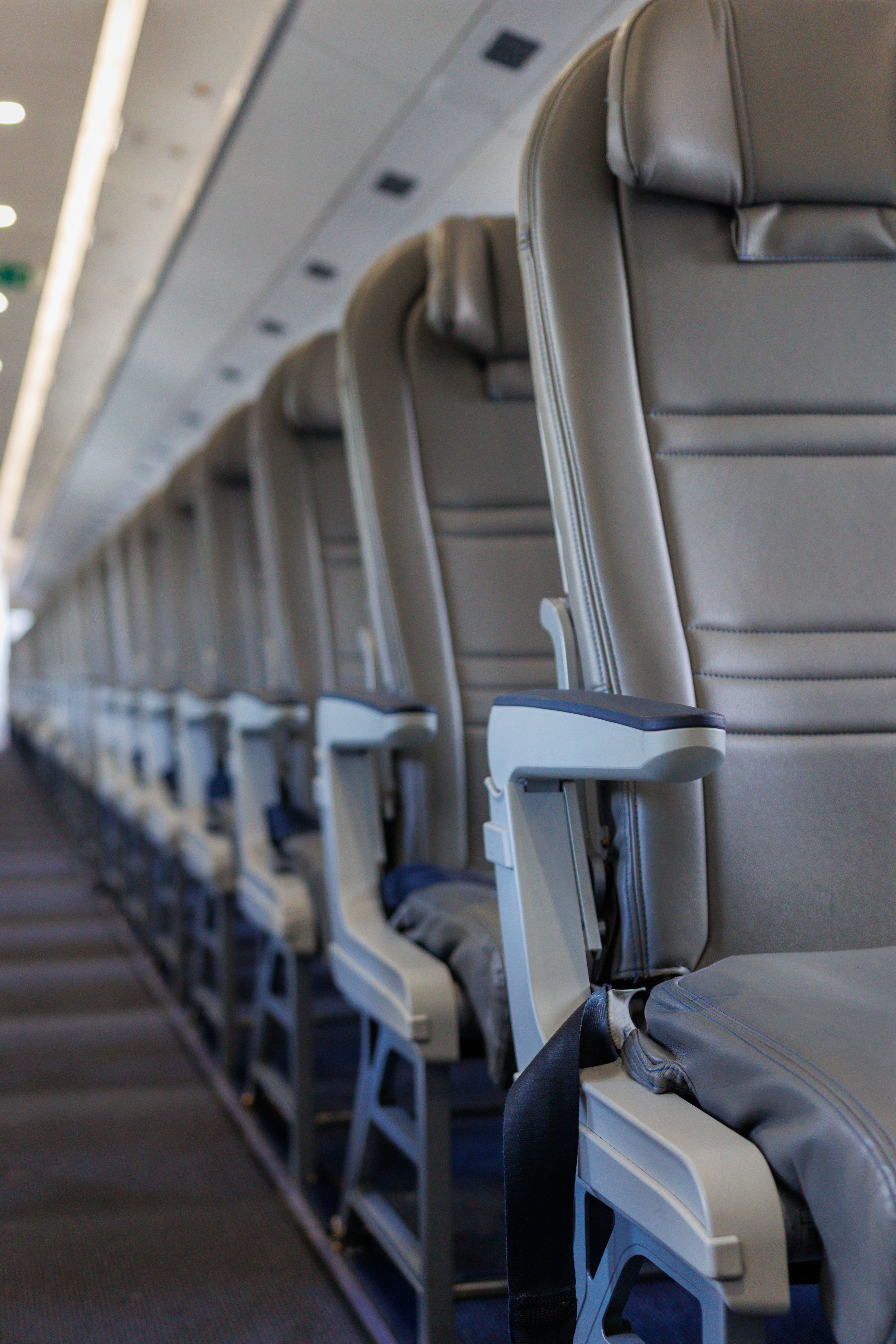 Interior view of an airplane cabin showcasing rows of empty seats, emphasizing travel and aviation themes.