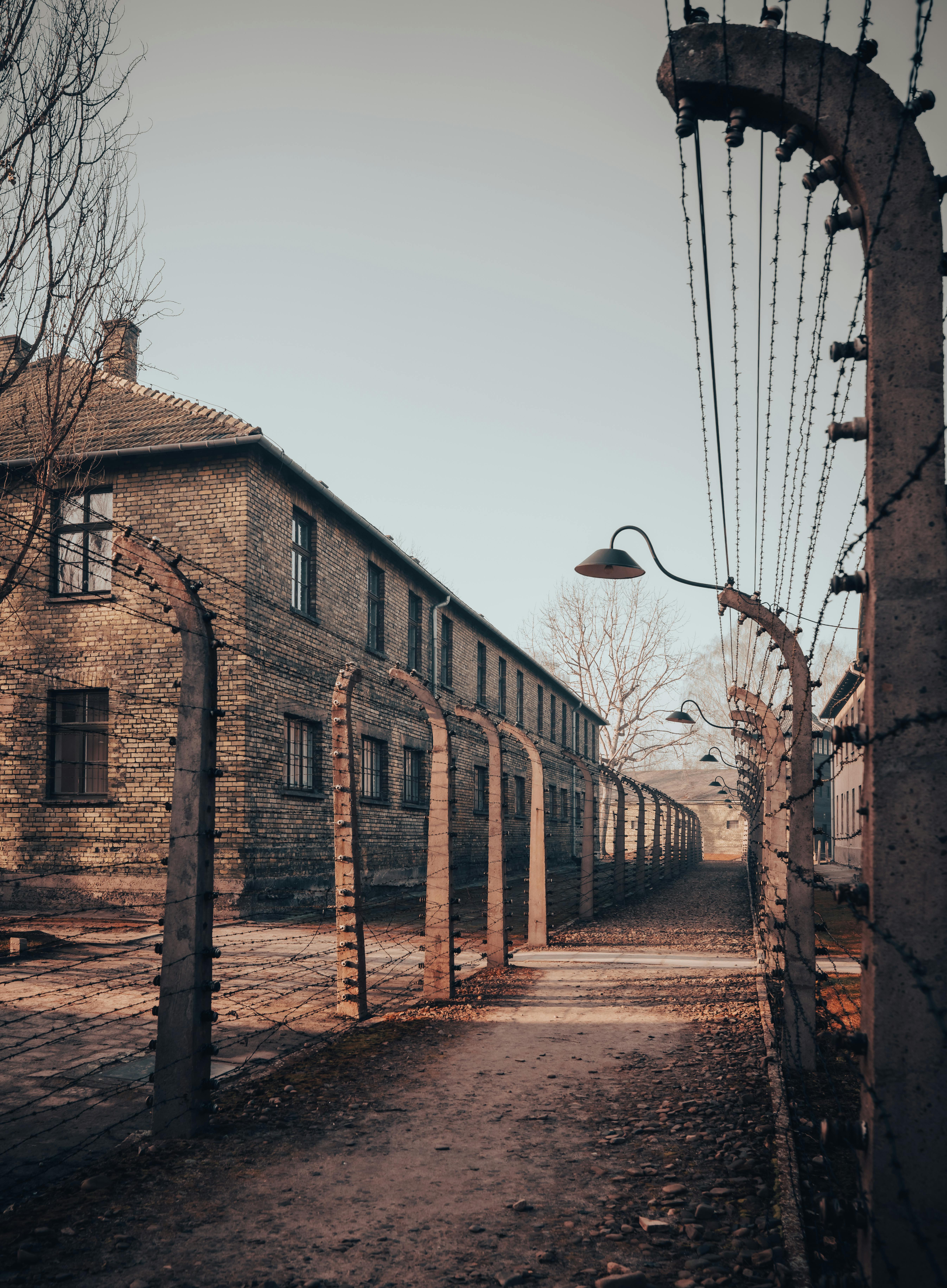 Barbed wire fences and buildings at Auschwitz-Birkenau in Poland under a serene sky.