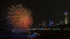 Vibrant fireworks illuminate the Niagara Falls skyline at night with festive city lights.