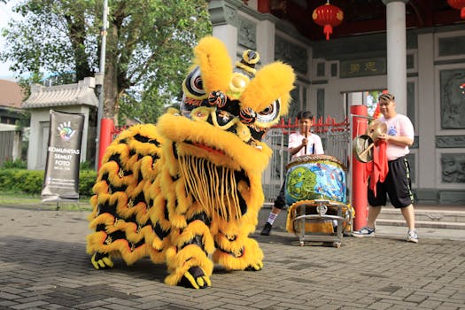 Colorful lion dance during Lunar New Year festivities in Bandung, Indonesia.