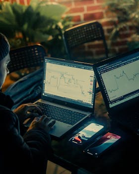 Person analyzing stock market data on laptops and smartphone outdoors at night.
