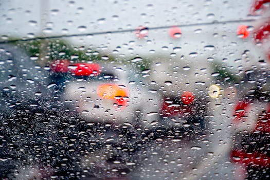 Raindrops on a car window with blurred traffic lights in the background on a rainy day.