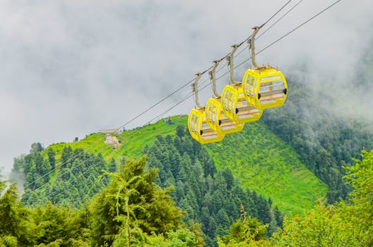 Yellow cable cars traverse lush green mountains in a misty outdoor setting, offering a serene travel experience.