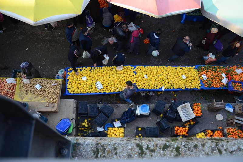 A busy outdoor market scene with tables filled with fresh lemons and oranges under colorful umbrellas.