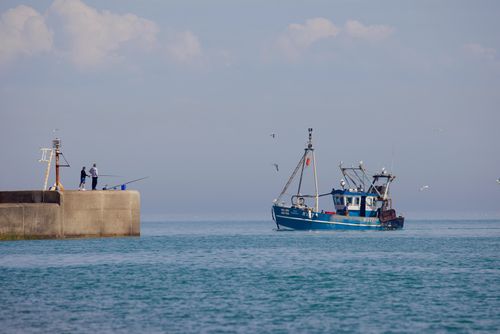 Gratuit Un bateau de pêche s'approche d'une jetée, deux pêcheurs lancent leurs lignes sous un ciel dégagé, entourés de mouettes. Photos