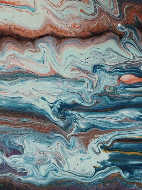 Free Dynamic abstract painting featuring fluid, vibrant blue and copper swirls on canvas. Stock Photo