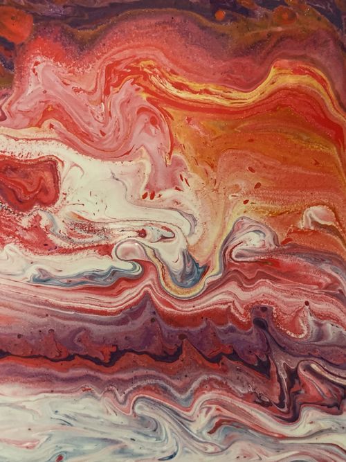 Free Dynamic abstract painting featuring swirling red and white hues with a contemporary fluid art style. Stock Photo