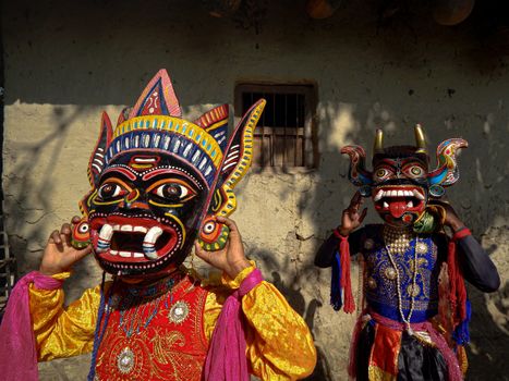Vibrant Indian festival featuring traditional masks and colorful costumes. Captivating cultural celebration.