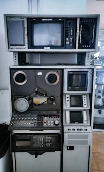 Classic vintage broadcasting equipment with reel-to-reel and monitors in an indoor setting.