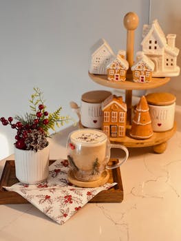 Warm cozy holiday setup with festive decor and gingerbread houses.