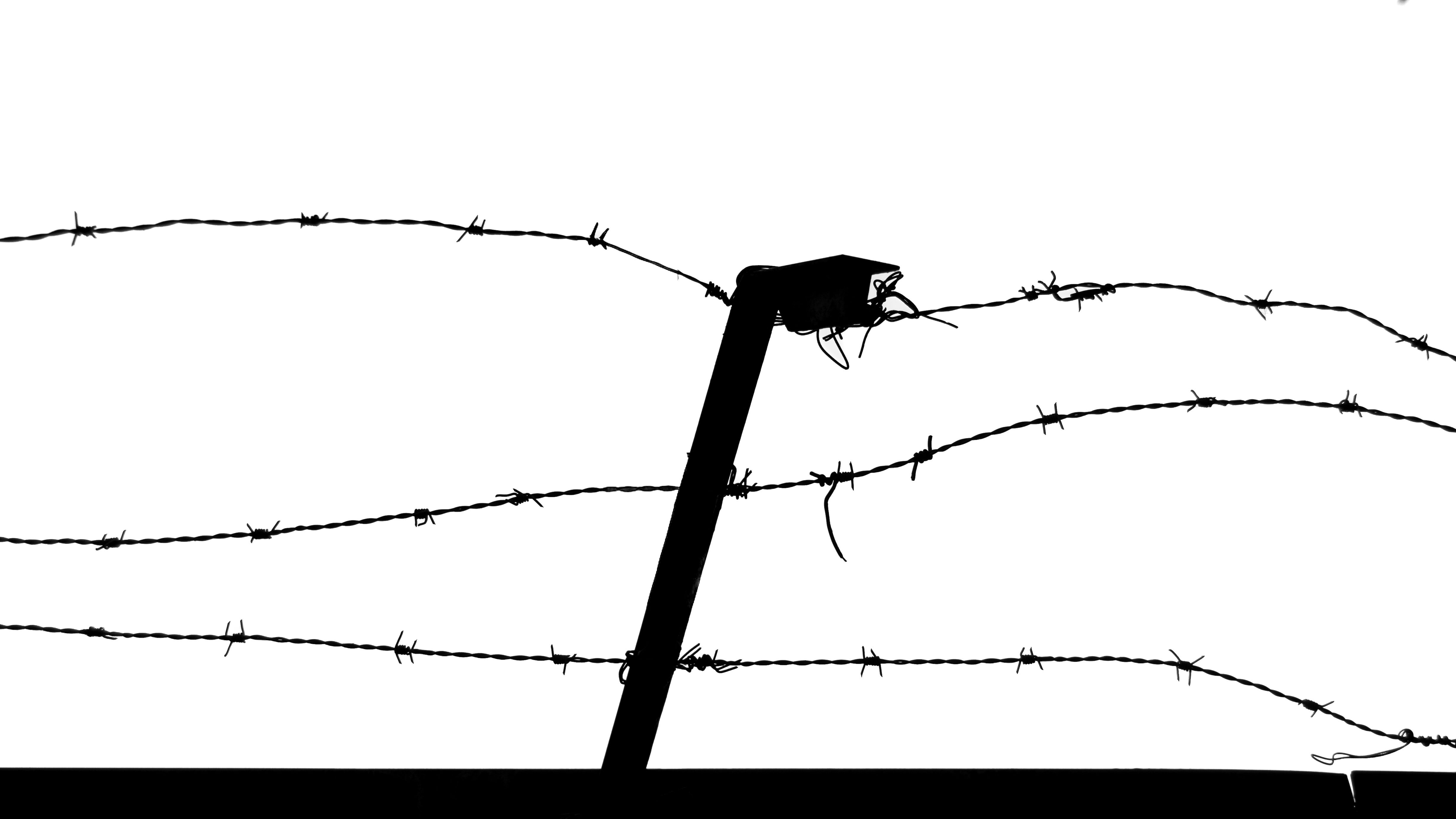 A bold silhouette of barbed wire with sharp edges against a stark white background.