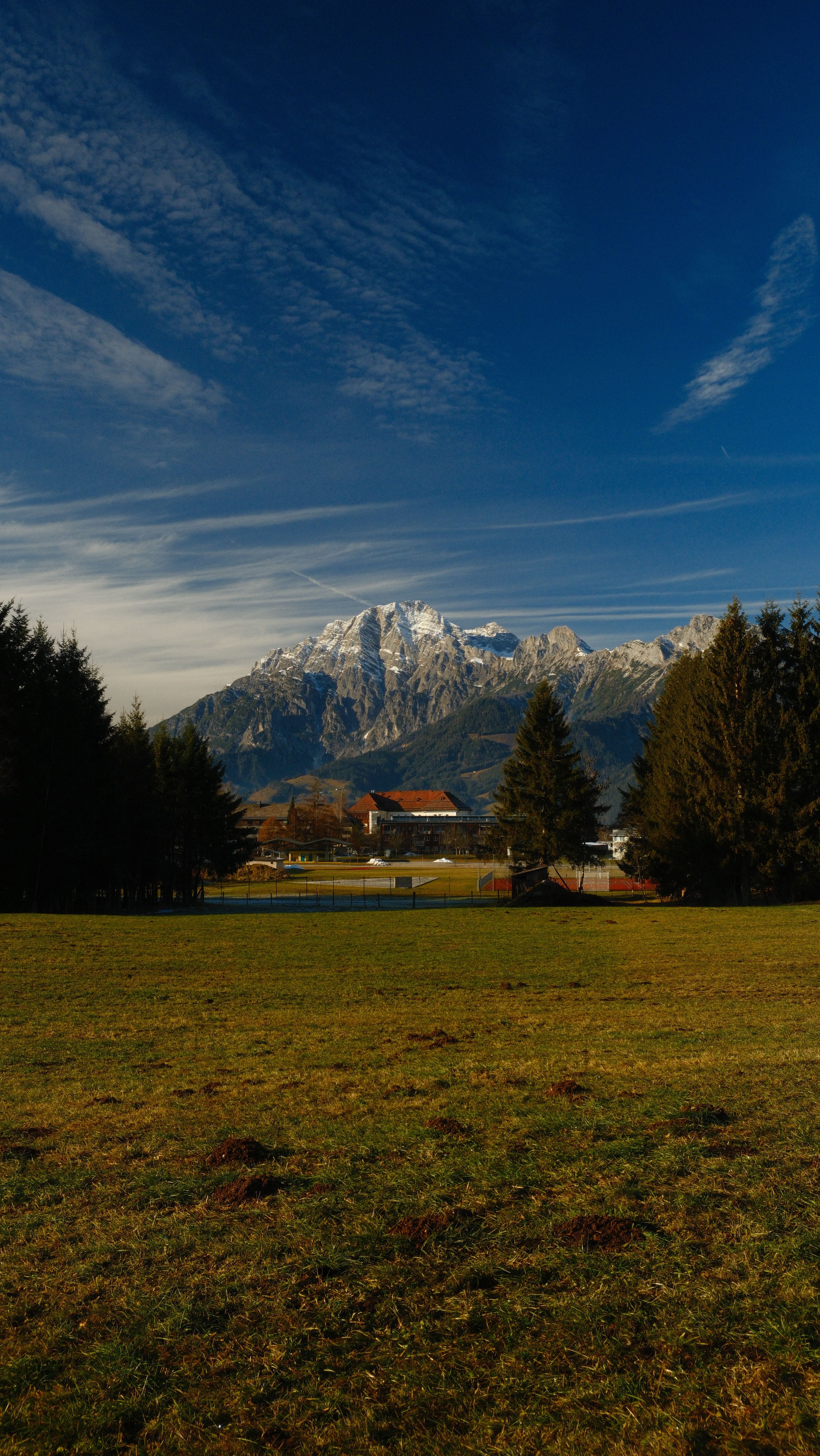 Breathtaking view of snow-capped Alps with clear blue sky and lush green foreground.