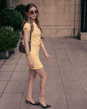 Stylish woman in a yellow dress walking outdoors on a paved area, exuding confidence and elegance.