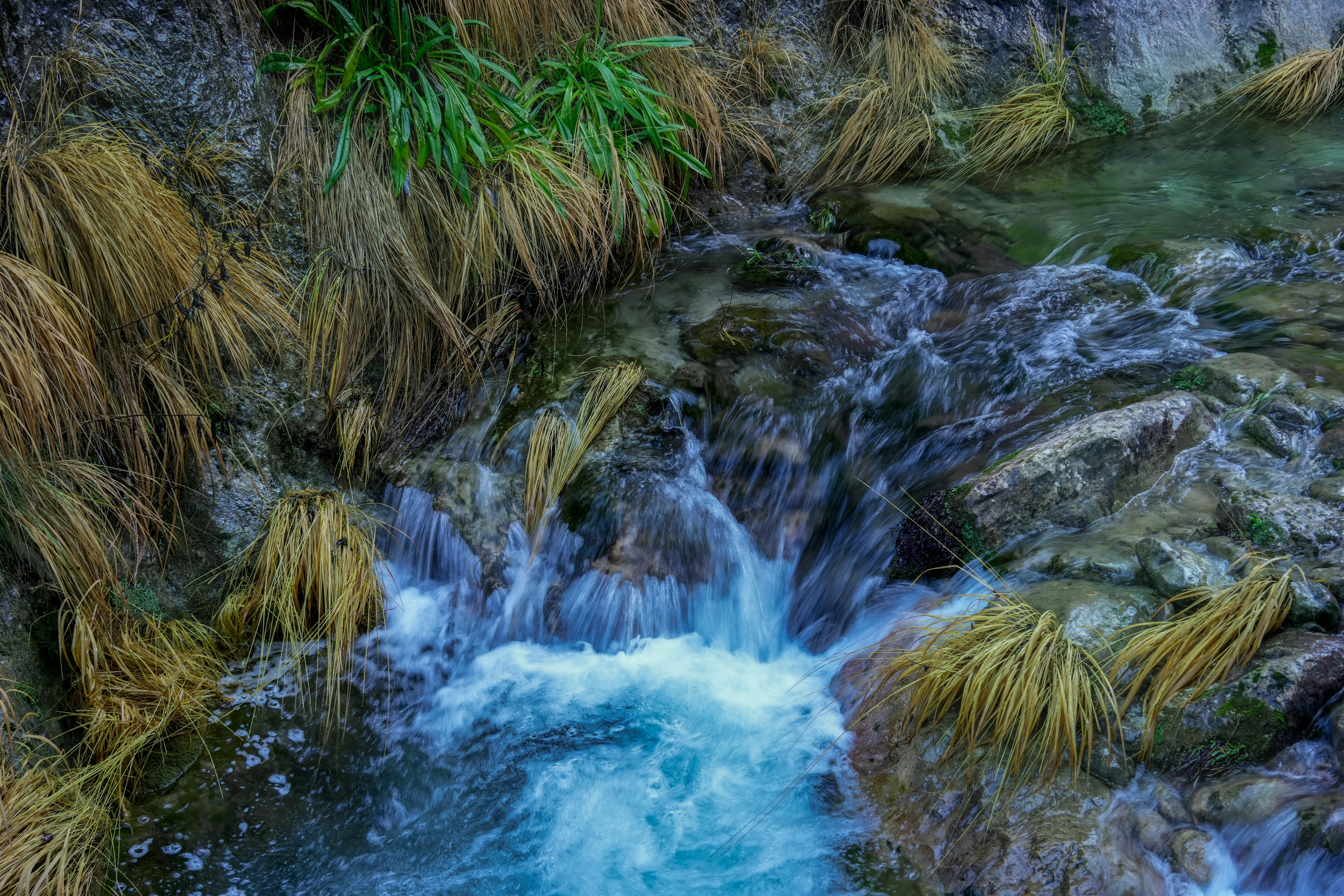 Tranquil waterfall flowing over rocks amidst lush vegetation in Cazorla, Andalucía.
