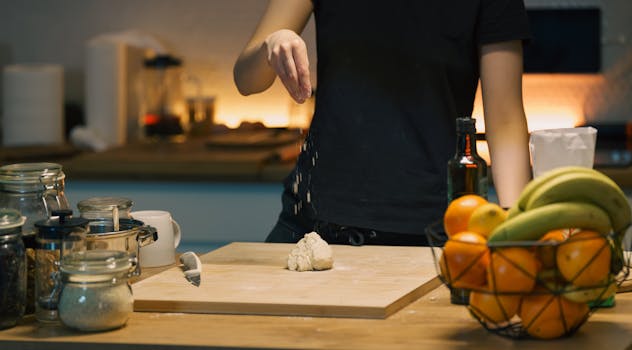 Woman adds seasoning to dough on wooden board in a warm, cozy kitchen setting.