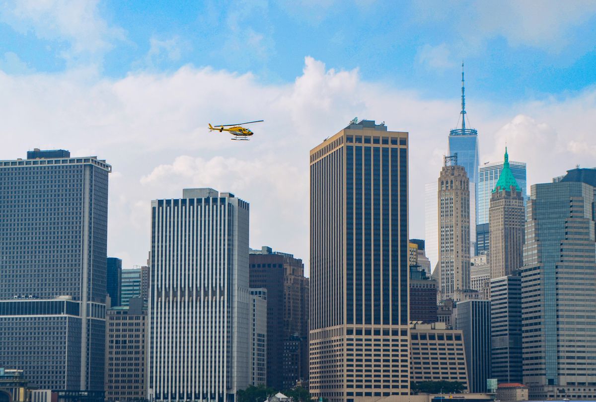 Aerial view of NYC Manhattan skyline from helicopter