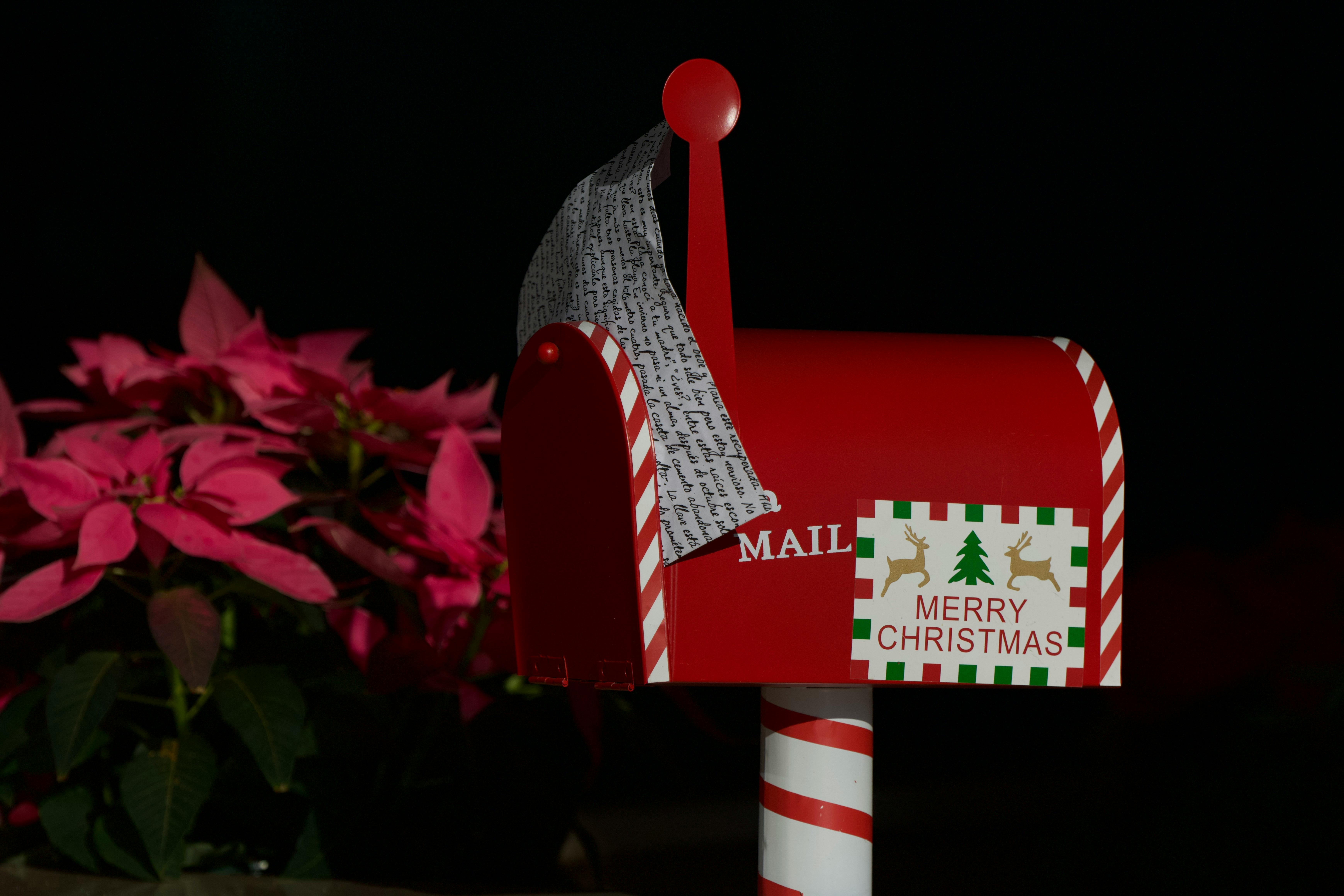 De franc Bústia vermella de Nadal amb una carta i ponsèties, que simbolitzen les salutacions festives. Foto d'estoc