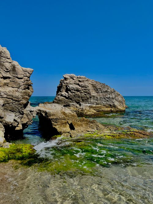 Free Stunning coastal rocks with vibrant seaweed in clear blue water under a clear sky. Stock Photo