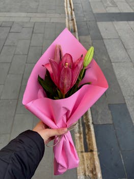 Vivid pink lily bouquet wrapped in matching paper held on a city sidewalk.
