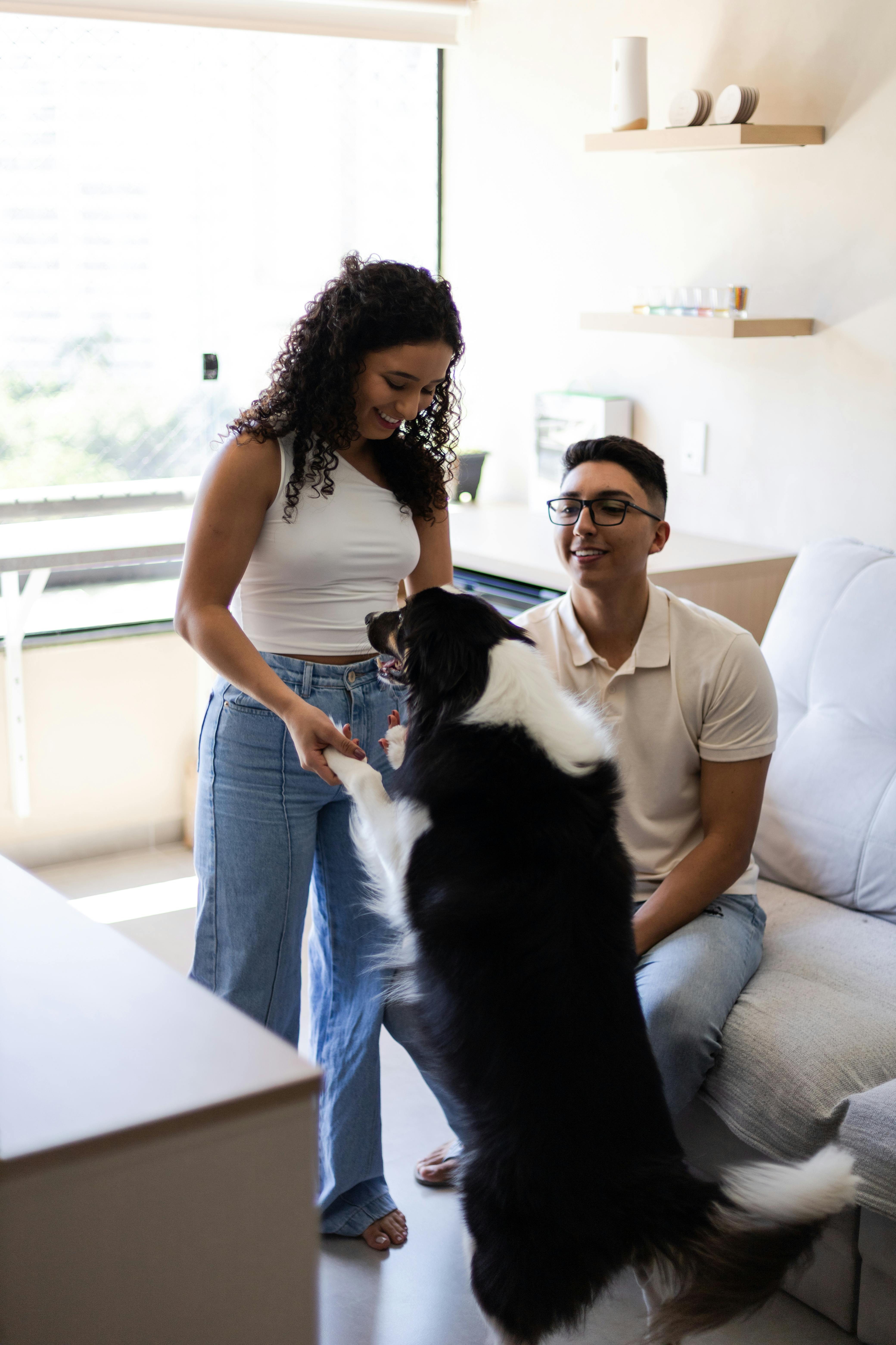 A cheerful young couple spending time with their playful dog indoors.