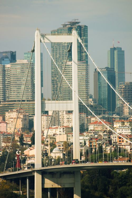 Free View of the 15 July Martyrs Bridge against the modern skyline of Istanbul. Stock Photo