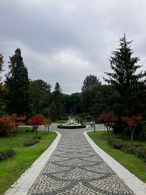 Free Tranquil park featuring cobblestone path and colorful autumn foliage. Ideal for relaxation and outdoor enjoyment. Stock Photo