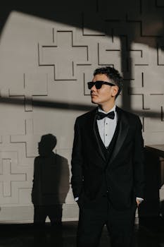 Elegant man in black tuxedo and sunglasses posing indoors with dramatic lighting.