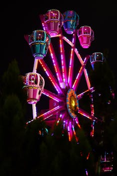 Colorful Ferris wheel lights up the night sky at an amusement park in Bursa, Türkiye.