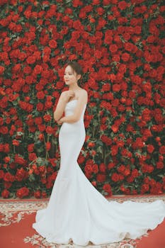新娘身着白色婚纱，在红玫瑰的映衬下摆出姿势