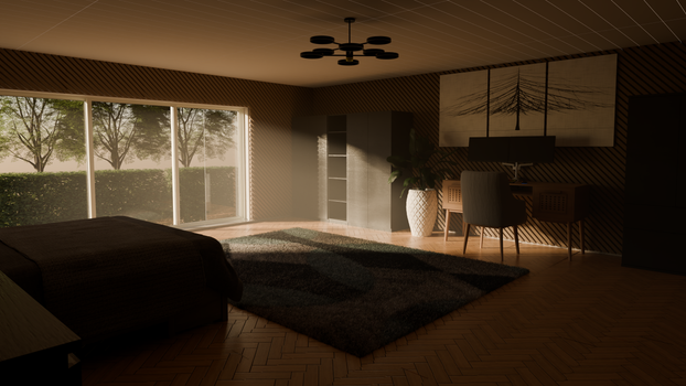 Stylish modern bedroom interior featuring chic furnishings and ambient natural light.