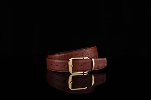 Free Stylish brown leather belt with a gold buckle on black background. Stock Photo