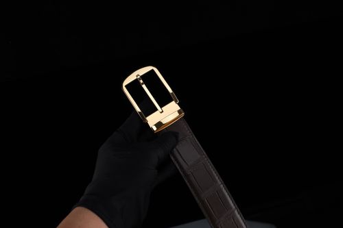 Free A close-up of a hand in glove holding a luxury leather belt with a golden buckle. Stock Photo