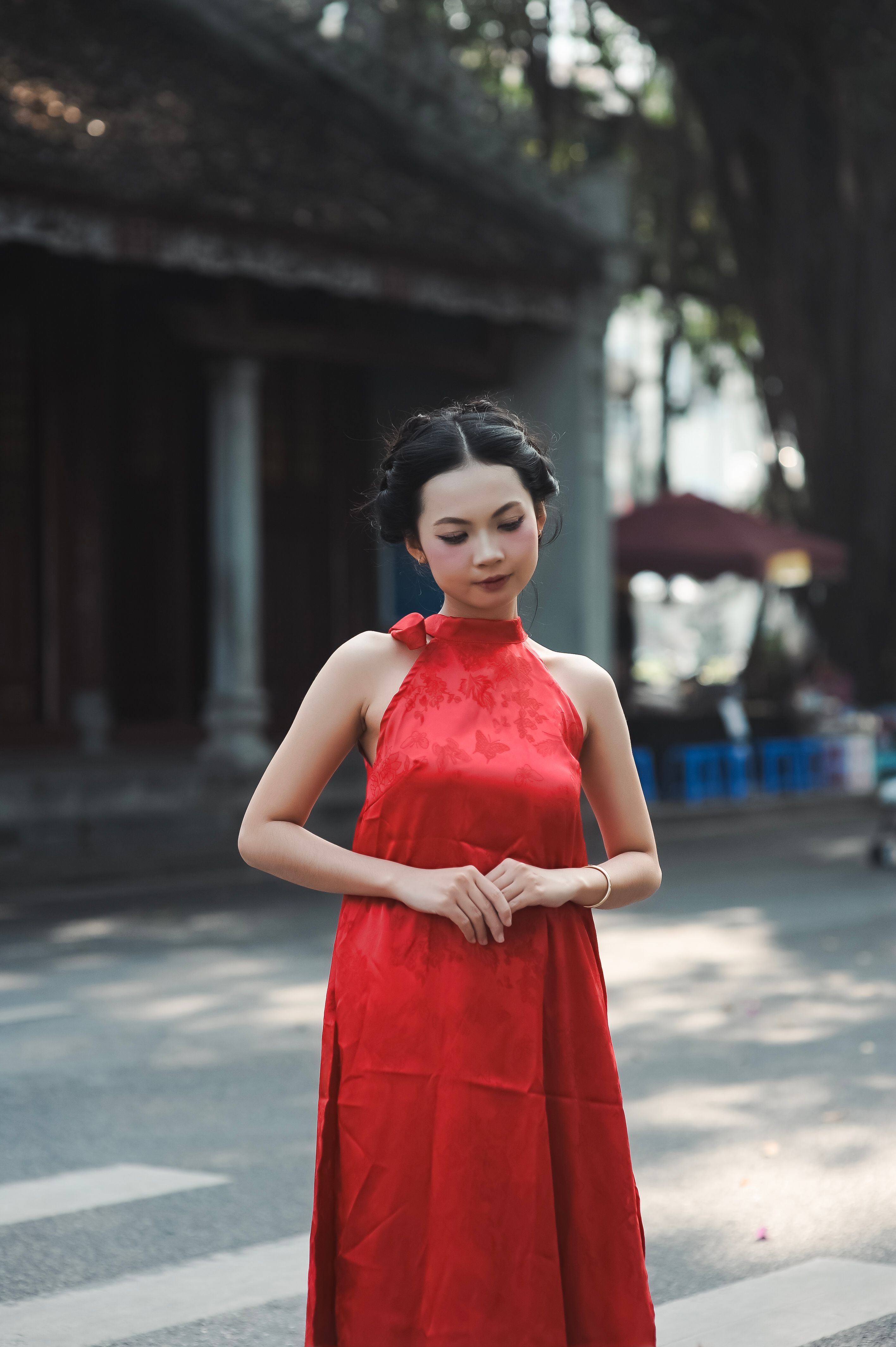 Elegant Woman in Red Dress Outdoors · Free Stock Photo