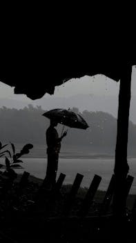 Moody silhouette of a person with an umbrella by a lake in Varasgaon, India.
