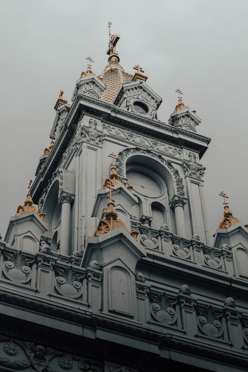 Free Upward view of the ornate spire of the Iron Church in Istanbul, showcasing intricate architectural details. Stock Photo