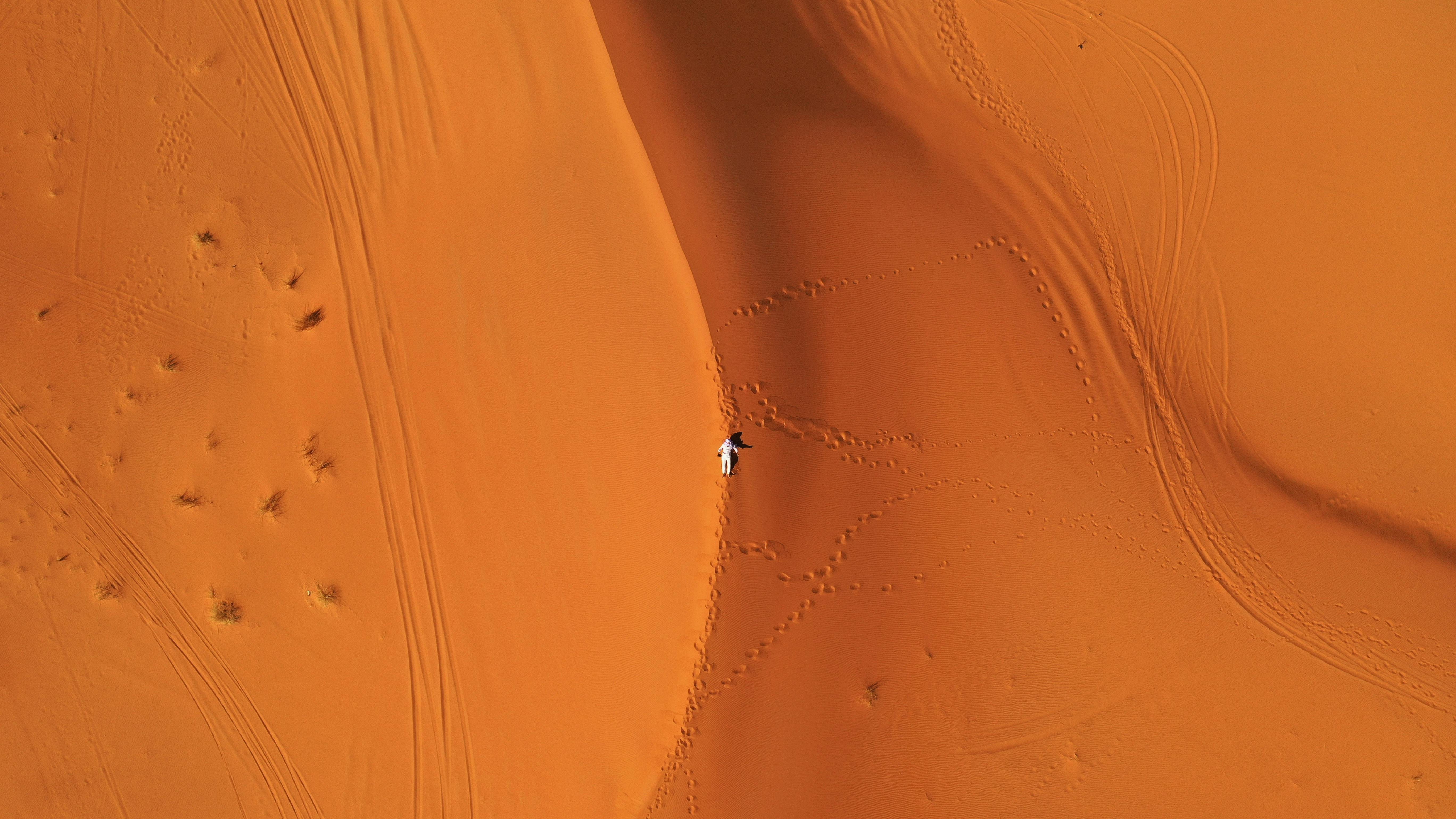 grátis Viajante solitário caminhando pelas vastas dunas de areia alaranjada no Deserto do Saara. Foto profissional