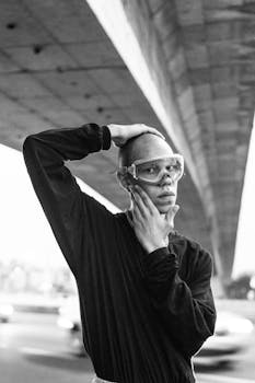 圣保罗桥下，戴护目镜的黑白时尚肖像