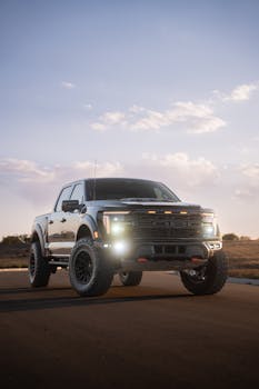 Dramatic capture of a rugged off-road pickup truck during sunset, exuding power and adventure.