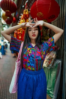 一位亚洲女子身着充满活力的服装，在繁华的城市街道上时尚地摆着姿势