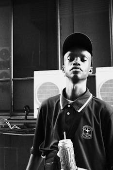 Stylish black and white portrait of a young man with cap and drink.